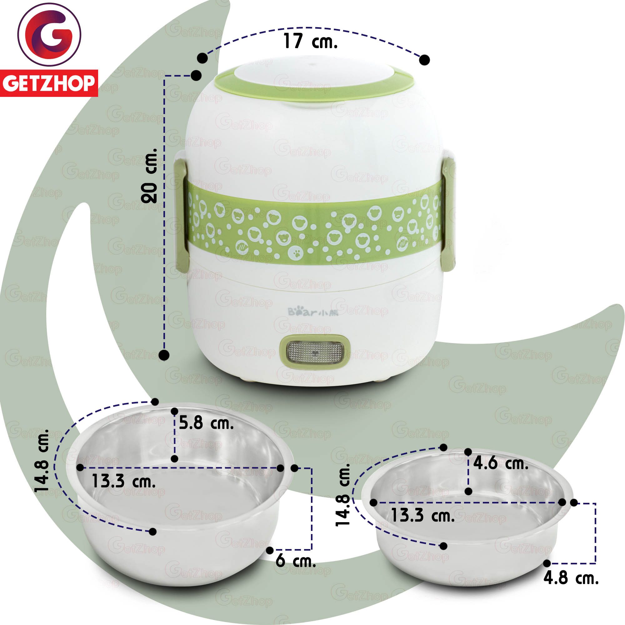 Bear ปิ่นโตไฟฟ้า กล่องอาหาร 2 ชั้น 1.4 ลิตร รุ่น DFH-S205 (Green) - Image 2